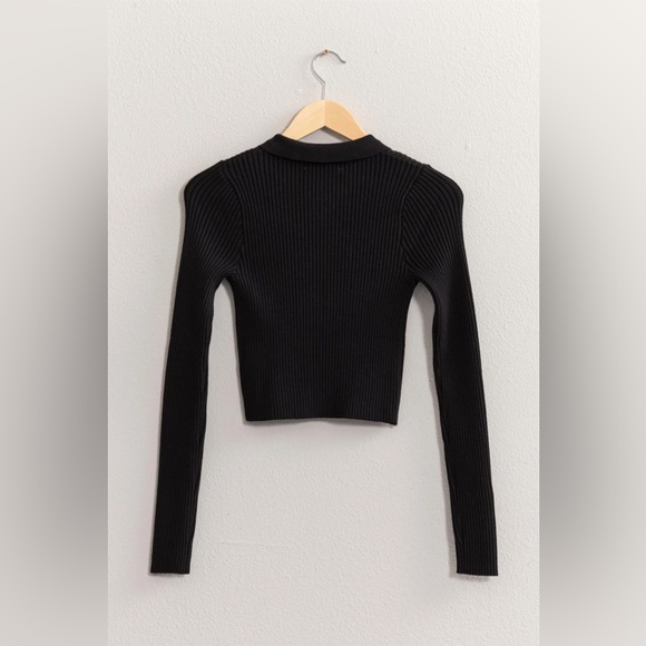 Ribbed double Zip Cardigan Top - Black - Picture 3 of 4